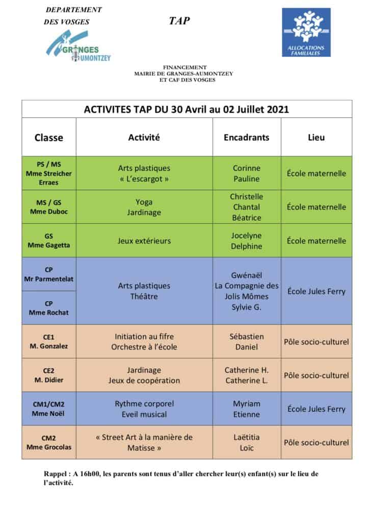 Tableau Activités TAP du 30-04 au 02-07-2021-Granges-Aumontzey